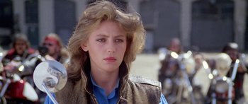 Movie still from “1990: The Bronx Warriors” (1982), directed by Enzo G. Castellari – A person wearing a vest; Close Up shot, Low angle