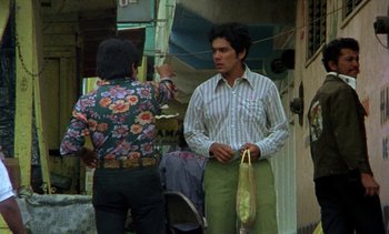 Movie still from “Alambrista!” (1977), directed by Robert M. Young – A man and a woman standing next to each other; Medium shot, Over the shoulder angle