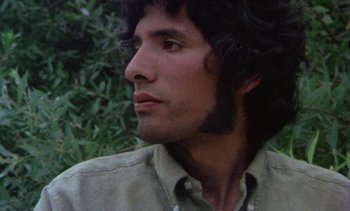 Movie still from “Alambrista!” (1977), directed by Robert M. Young – A person wearing a shirt looking to the side; Close Up shot, Low angle