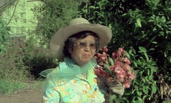 Movie still from “Alambrista!” (1977), directed by Robert M. Young – An older woman holding a bouquet of pink flowers; Medium shot, High angle