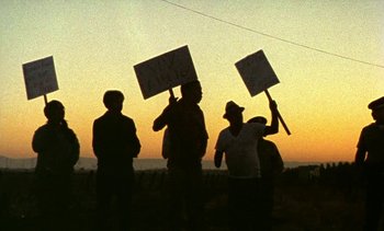 Movie still from “Alambrista!” (1977), directed by Robert M. Young – A group of people holding up signs in front of a sunset; Medium shot, Low angle