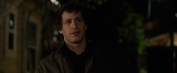 Movie still from “Celeste & Jesse Forever” (2012), directed by Lee Toland Krieger – A man in a brown jacket is looking at the camera; Close Up shot, Over the shoulder angle