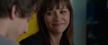 Movie still from “Celeste & Jesse Forever” (2012), directed by Lee Toland Krieger – A person with long brown hair; Close Up shot, Over the shoulder angle