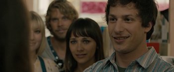 Movie still from “Celeste & Jesse Forever” (2012), directed by Lee Toland Krieger – A group of people standing next to each other in a room; Close Up shot, Over the shoulder angle