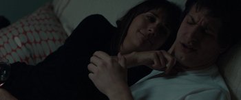 Movie still from “Celeste & Jesse Forever” (2012), directed by Lee Toland Krieger – A woman laying in a bed with her hands on her chest; Close Up shot, Overhead angle