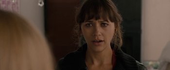 Movie still from “Celeste & Jesse Forever” (2012), directed by Lee Toland Krieger – A person wearing a black jacket; Close Up shot, Over the shoulder angle