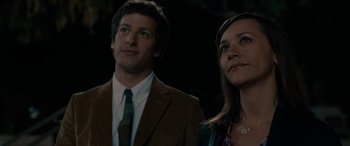 Movie still from “Celeste & Jesse Forever” (2012), directed by Lee Toland Krieger – A man and a woman standing next to each other; Close Up shot, Over the shoulder angle