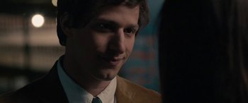 Movie still from “Celeste & Jesse Forever” (2012), directed by Lee Toland Krieger – A person wearing a suit and tie; Close Up shot, Over the shoulder angle