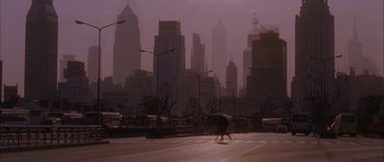 Movie still from “Code 46” (2003), directed by Michael Winterbottom – A person with an umbrella walking down a street; Extreme Wide shot, High angle