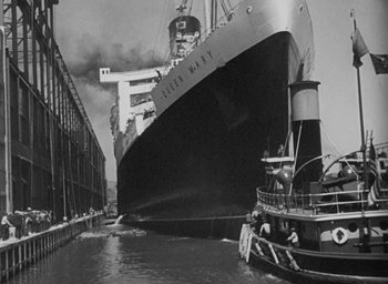 Movie still from “Dodsworth” (1936), directed by William Wyler – A black and white photo of a boat in the water; Extreme Wide shot, Low angle