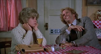 Movie still from “Family Plot” (1976), directed by Alfred Hitchcock – A man and woman sitting at a dinner table; Medium shot, Over the shoulder angle