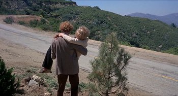 Movie still from “Family Plot” (1976), directed by Alfred Hitchcock – A man and a woman hugging next to a tree; Wide shot, High angle