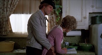 Movie still from “Family Plot” (1976), directed by Alfred Hitchcock – A man and a woman standing in a kitchen next to each other; Medium shot, Low angle