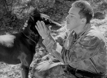 Movie still from “Fear and Desire” (1952), directed by Stanley Kubrick – A man and a dog in the woods touching hands; Close Up shot, High angle
