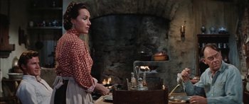 Movie still from “Flaming Star” (1960), directed by Don Siegel – A woman standing in front of an oven in front of a fireplace; Medium shot, Over the shoulder angle