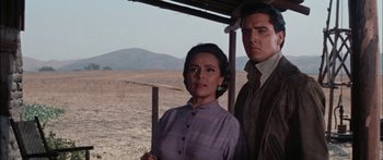 Movie still from “Flaming Star” (1960), directed by Don Siegel – A man and a woman standing next to each other in the desert; Medium shot, Low angle