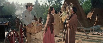 Movie still from “Flaming Star” (1960), directed by Don Siegel – A group of people standing in a dirt field; Medium shot, Over the shoulder angle