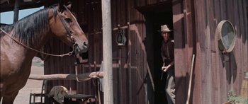 Movie still from “Flaming Star” (1960), directed by Don Siegel – A man standing in a doorway next to a horse; Medium shot, Low angle