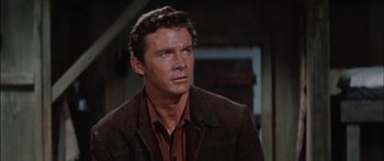 Movie still from “Flaming Star” (1960), directed by Don Siegel – A person wearing a suit and tie; Close Up shot, Over the shoulder angle