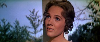 Movie still from “Hawaii” (1966), directed by George Roy Hill – A woman's face with a tree in the background; Close Up shot, Over the shoulder angle