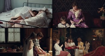Movie still from “House of Tolerance” (2011), directed by Bertrand Bonello – A series of four pictures of people in a bed room; Wide shot, Overhead angle