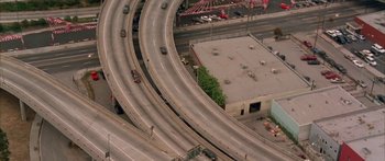 Movie still from “Johnson Family Vacation” (2004), directed by Christopher Erskin – An aerial view of an intersection in a large city; Extreme Wide shot, Overhead angle