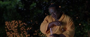 Movie still from “Johnson Family Vacation” (2004), directed by Christopher Erskin – A man in a yellow robe holding a glass of wine; Medium shot, High angle