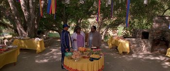 Movie still from “Johnson Family Vacation” (2004), directed by Christopher Erskin – A group of people standing next to a table with food on it; Wide shot, High angle