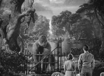 Movie still from “Mighty Joe Young” (1949), directed by Ernest B. Schoedsack – A black - and - white photo of people looking at a gorilla; Extreme Wide shot, High angle