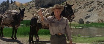 Movie still from “Nevada Smith” (1966), directed by Henry Hathaway – A man standing next to a horse on a field; Medium shot, Low angle