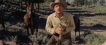 Movie still from “Nevada Smith” (1966), directed by Henry Hathaway – A man in a cowboy hat holding a rifle; Medium shot, Low angle