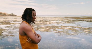 Movie still from “Paradise: Love” (2012), directed by Ulrich Seidl – A man with dreadlocks standing in front of a body of water; Medium shot, Low angle