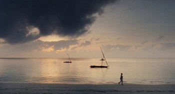Movie still from “Paradise: Love” (2012), directed by Ulrich Seidl – A person walking on a beach near a body of water; Extreme Wide shot, Low angle