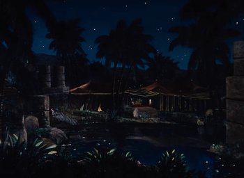 Movie still from “Samson and Delilah” (1949), directed by Cecil B. DeMille – A painting of a jungle at night with palm trees; Extreme Wide shot, Low angle