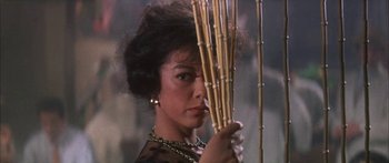 Movie still from “Summer and Smoke” (1961), directed by Peter Glenville – A person holding a bunch of bamboo sticks; Close Up shot, Low angle