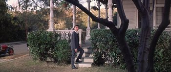 Movie still from “Summer and Smoke” (1961), directed by Peter Glenville – A man in a suit and tie standing on steps near a tree; Wide shot, Low angle