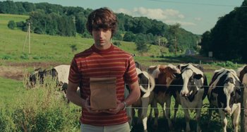 Movie still from “Taking Woodstock” (2009), directed by Ang Lee – A man holding a bag of food in his hands; Medium shot, High angle