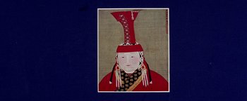 Movie still from “The Fate of Lee Khan” (1973), directed by King Hu – A painting of an asian woman wearing a red hat; Close Up shot, Overhead angle