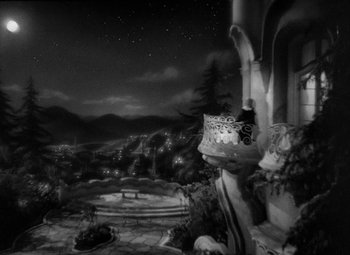 Movie still from “The Merry Widow” (1934), directed by Ernst Lubitsch – A black - and - white photo of a night scene; Extreme Wide shot, High angle
