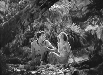 Movie still from “The Most Dangerous Game” (1932), directed by Irving Pichel – A man and a woman sitting on the ground; Wide shot, High angle