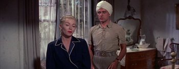 Movie still from “The Rains of Ranchipur” (1955), directed by Jean Negulesco – A man and a woman standing next to each other in a room; Medium shot, Low angle