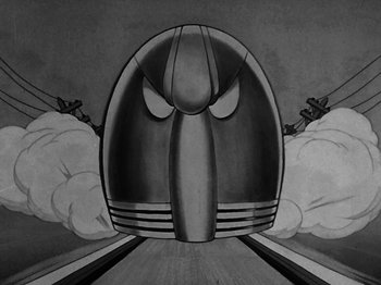 Movie still from “The Reluctant Dragon” (1941), directed by Jack Cutting – An illustration of an entrance to an amusement park; Close Up shot, Low angle