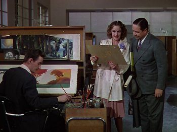 Movie still from “The Reluctant Dragon” (1941), directed by Jack Cutting – A man and two women standing next to each other in front of paintings; Medium shot, Low angle