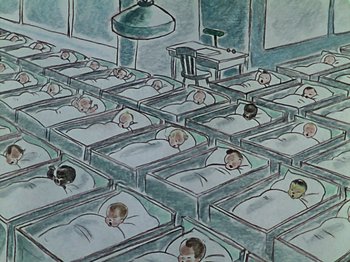 Movie still from “The Reluctant Dragon” (1941), directed by Jack Cutting – A group of babies in a room with a lamp above them; Close Up shot, High angle