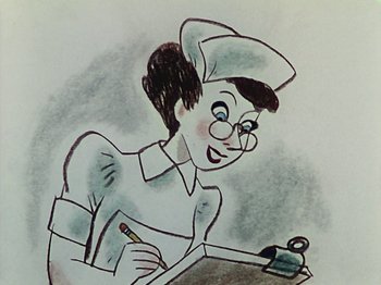 Movie still from “The Reluctant Dragon” (1941), directed by Jack Cutting – A drawing of a woman writing on a piece of paper; Close Up shot, Low angle