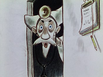 Movie still from “The Reluctant Dragon” (1941), directed by Jack Cutting – A cartoon of a man in a suit and tie; Close Up shot, Low angle