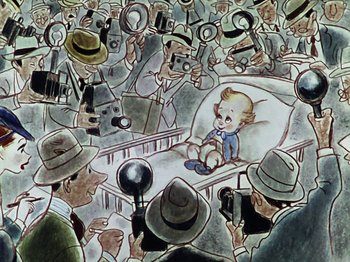 Movie still from “The Reluctant Dragon” (1941), directed by Jack Cutting – An illustration of a baby in a crib surrounded by a crowd of people; Medium shot, High angle