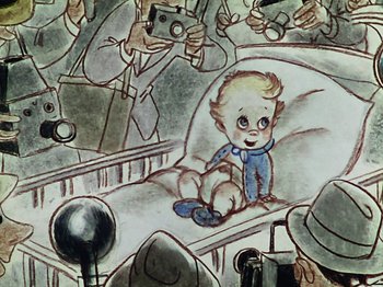 Movie still from “The Reluctant Dragon” (1941), directed by Jack Cutting – A drawing of a baby sitting in a crib; Extreme Close Up shot, High angle