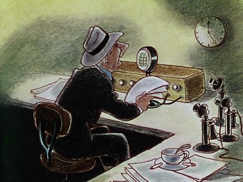 Movie still from “The Reluctant Dragon” (1941), directed by Jack Cutting – A man sitting at a table with a phone and a clock; Medium shot, Low angle