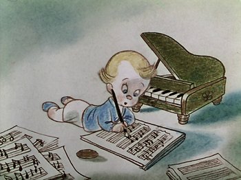 Movie still from “The Reluctant Dragon” (1941), directed by Jack Cutting – A drawing of a child writing on a sheet of paper; Medium shot, High angle